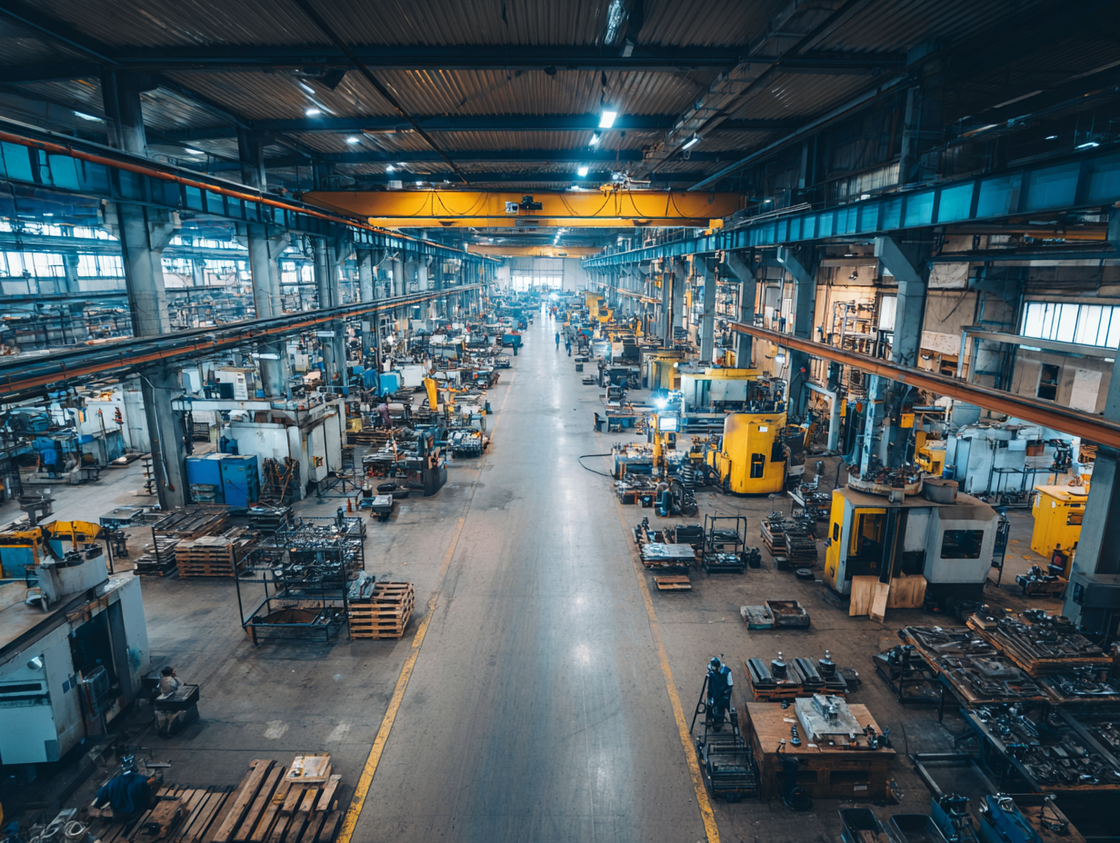 Large industrial manufacturing floor with heavy machinery requiring noise reduction solutions